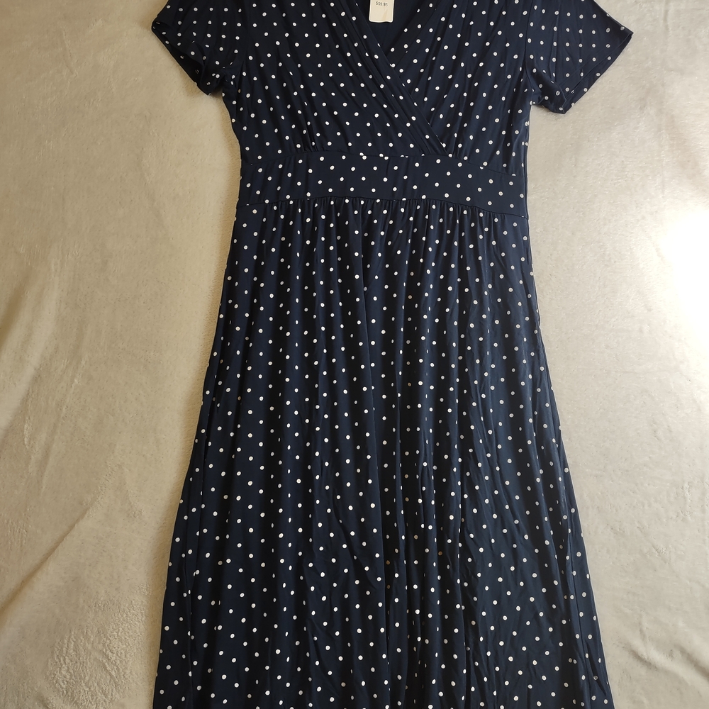 L.L. Bean Navy Dress with White Polka Dots, Flowey, V-neck